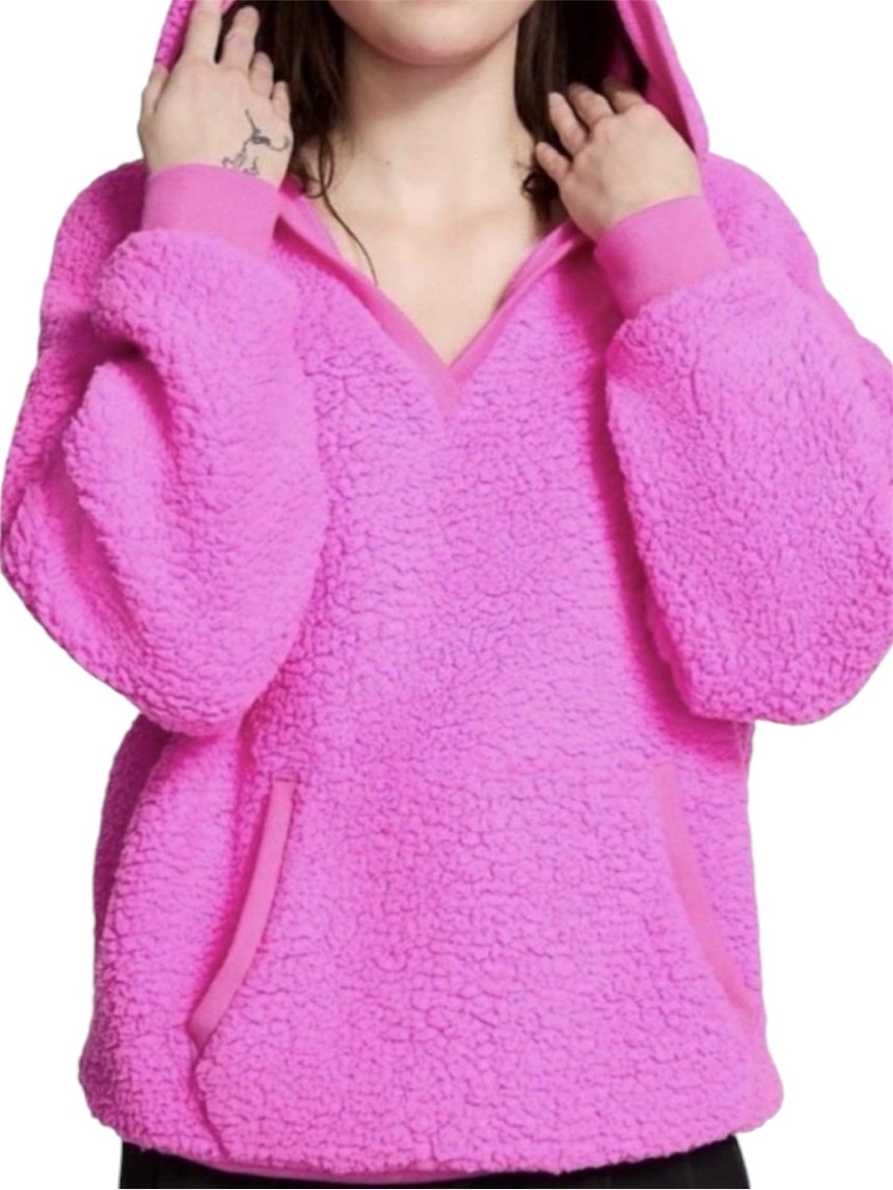 Victoria’s Secret PINK Bright Pink Sherpa Fleece V-Neck Hoodie Medium athleisure